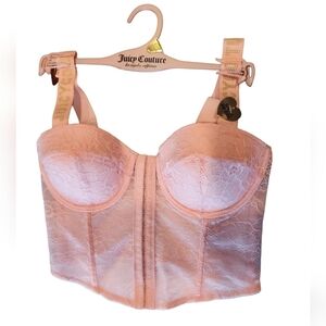 Juicy Couture Pink Lace Bustier, Gold Studded Logo Straps, 34C, New With Tags